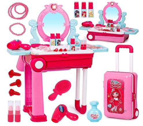 Zest 4 Toyz Beauty Makeup Kit for Doll Girls Cosmetic Set 2 in 1 Vanity Table Portable Trolley Pretend Play Set Toy
